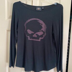 Harley Davidson Women's Large Black Knit Long Sleeve w/Pink Rhinestone Skull
